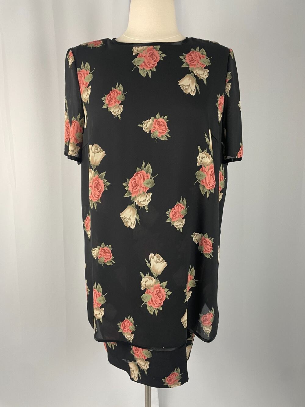 Vtg Shift Dress Plus Size 18 Black Pink Rose Floral Layered Loose Cottage 80s